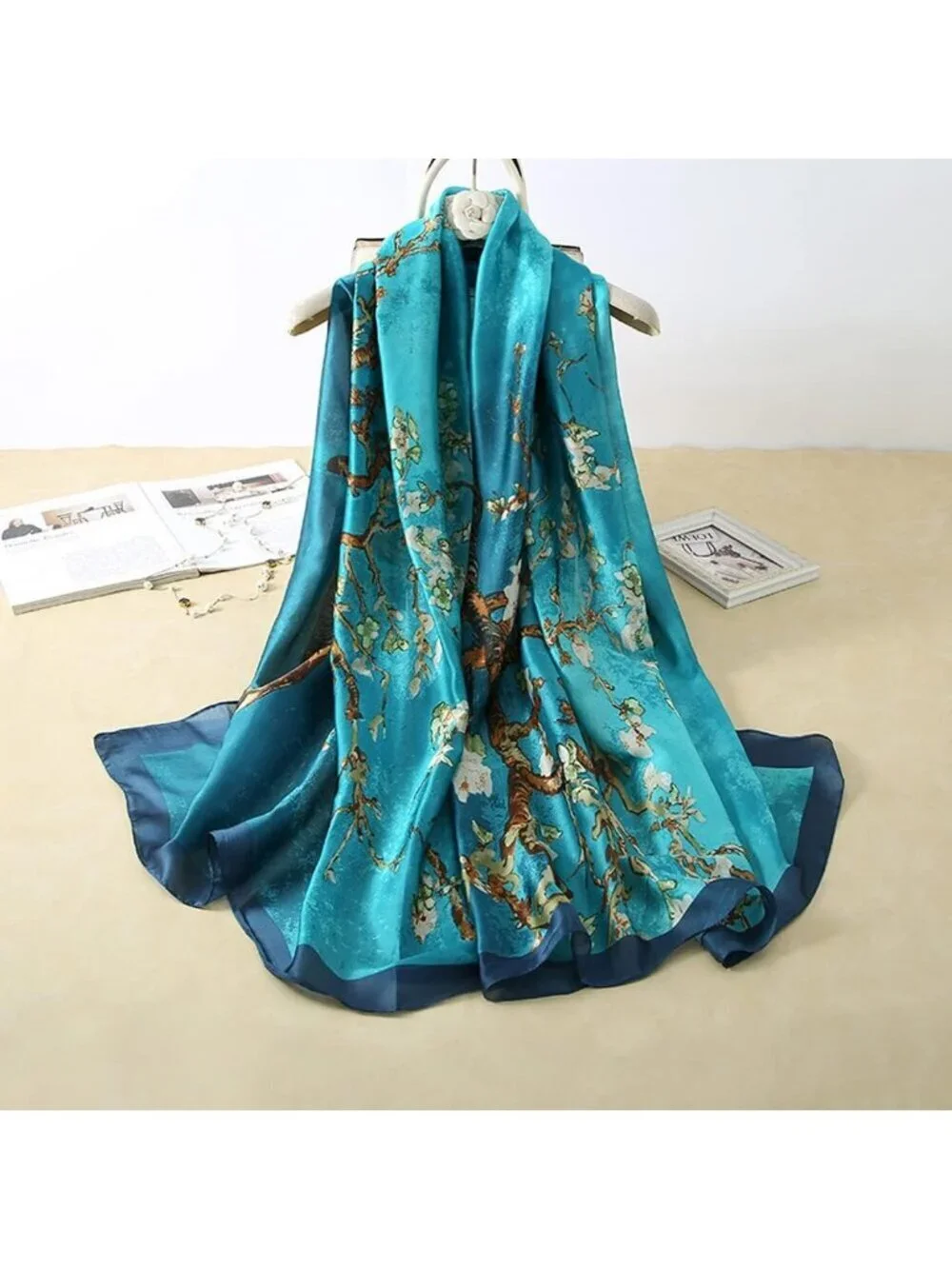 Women's Blue Lightweight Silk Like Scarves Flower Print Head Cotton Wrap Scarf
